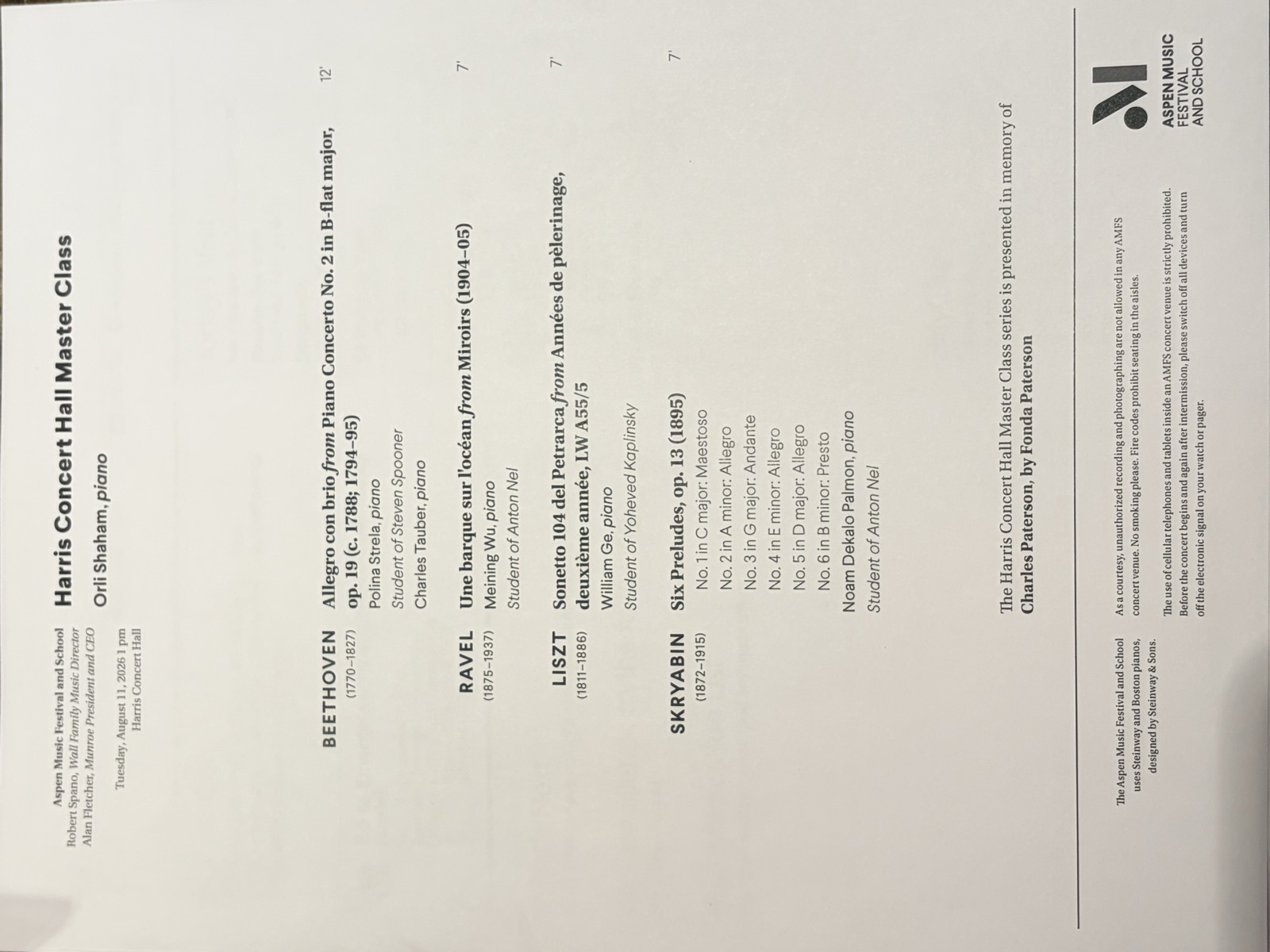 Program for the Harris Concert Hall Master Class with Orli Shaham, August 11, 2026, listing Meining Wu performing Ravel&rsquo;s Une barque sur l&rsquo;oc&eacute;an from Miroirs
