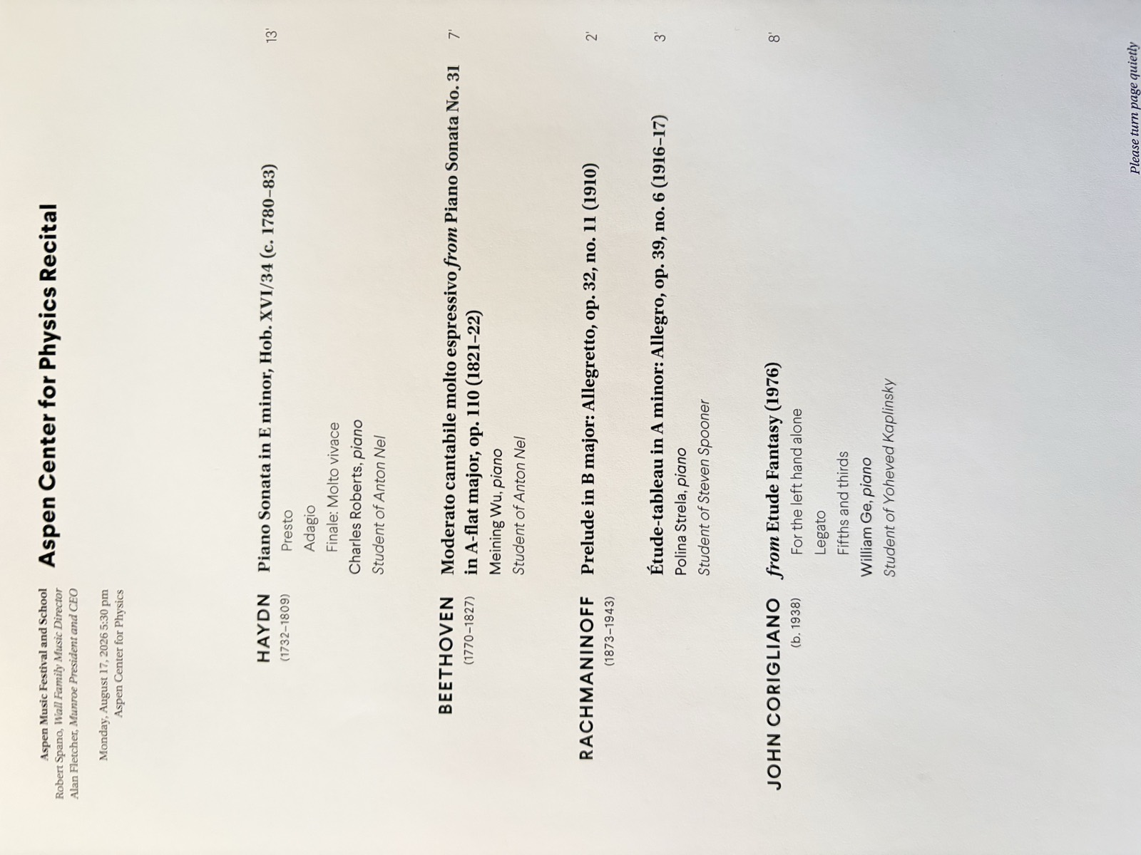Program for the Aspen Center for Physics Recital, August 17, 2026, listing Meining Wu performing the Moderato cantabile molto espressivo from Beethoven&rsquo;s Piano Sonata No. 31 in A-flat major, op. 110