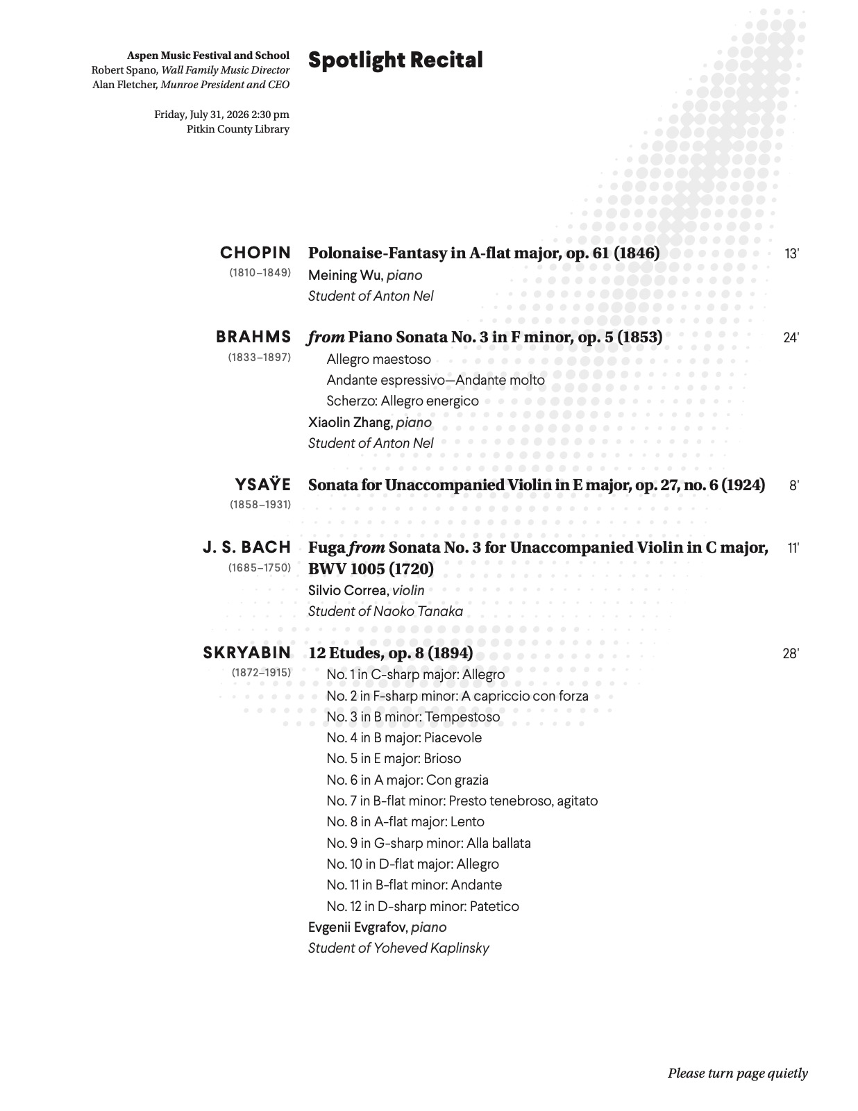 Program for the Aspen Music Festival Spotlight Recital at Pitkin County Library, July 31, 2026, listing Meining Wu performing Chopin&rsquo;s Polonaise-Fantasy in A-flat major, op. 61