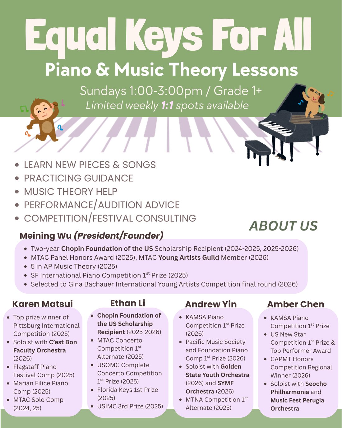 Equal Keys for All Fall 2026 poster: free piano and music theory lessons, Sundays 1:00-3:00pm, Grade 1+, with the teaching team and their awards