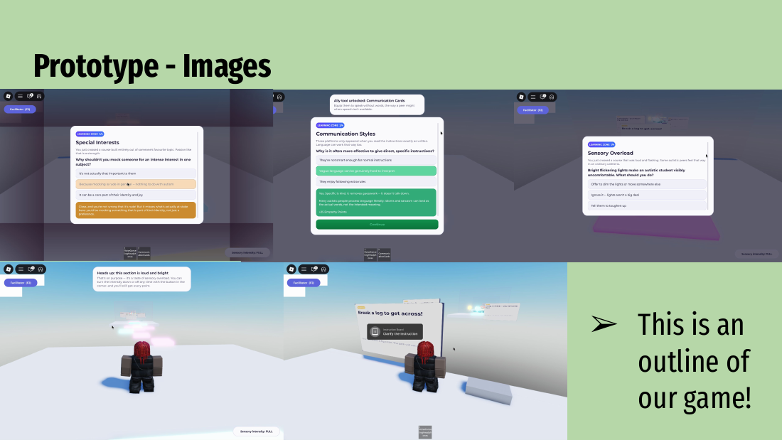 In-game screenshots of Empathy Engine showing learning zones on special interests, communication styles, and sensory overload