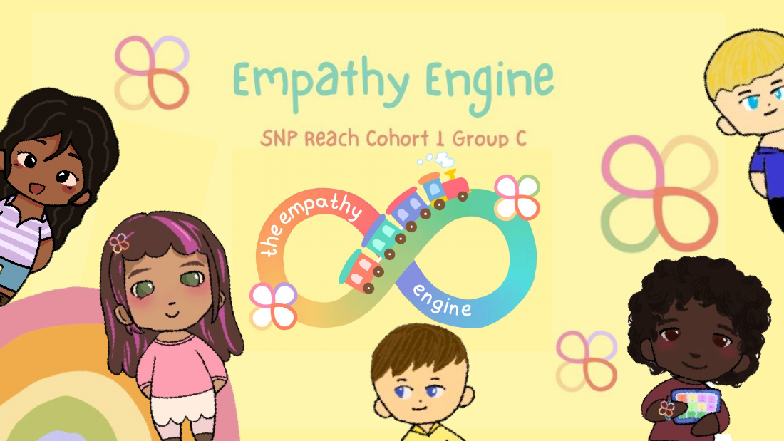 Empathy Engine title slide, SNP-REACH Cohort 1 Group C, with the team's illustrated characters