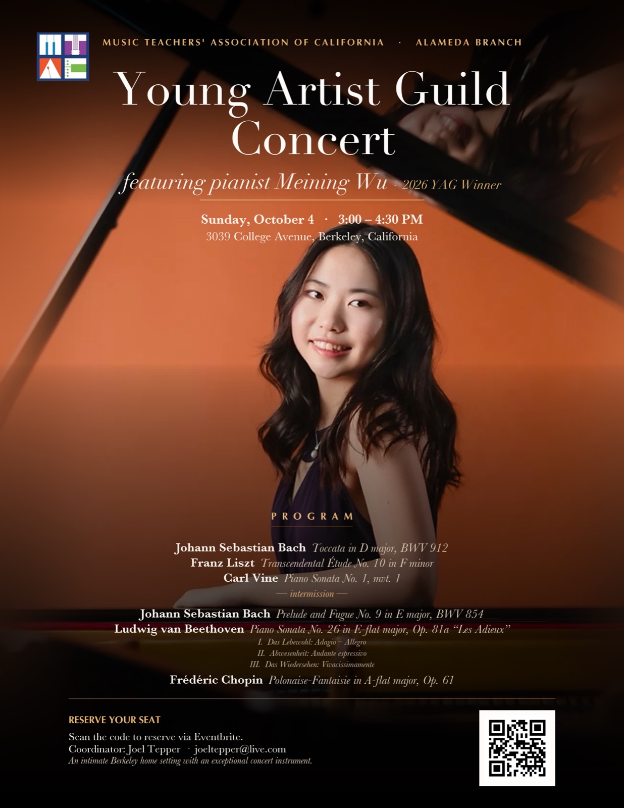 Flyer for the MTAC Alameda Branch Young Artist Guild Concert featuring pianist Meining Wu, 2026 YAG winner, Sunday October 4 from 3:00 to 4:30 pm at 3039 College Avenue, Berkeley, with works by Bach, Liszt, Carl Vine, Beethoven and Chopin